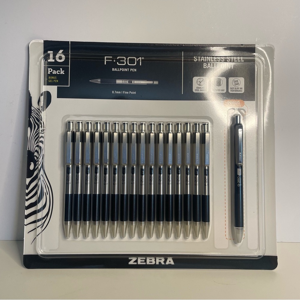 Zebra 16 x F-301 Ballpoint Stainless Steel (Black) + 1 x G-350 Gel Pen pens